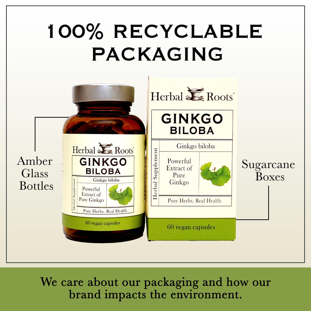 Herbal Roots Ginkgo Biloba capsules on a table for easy daily intake