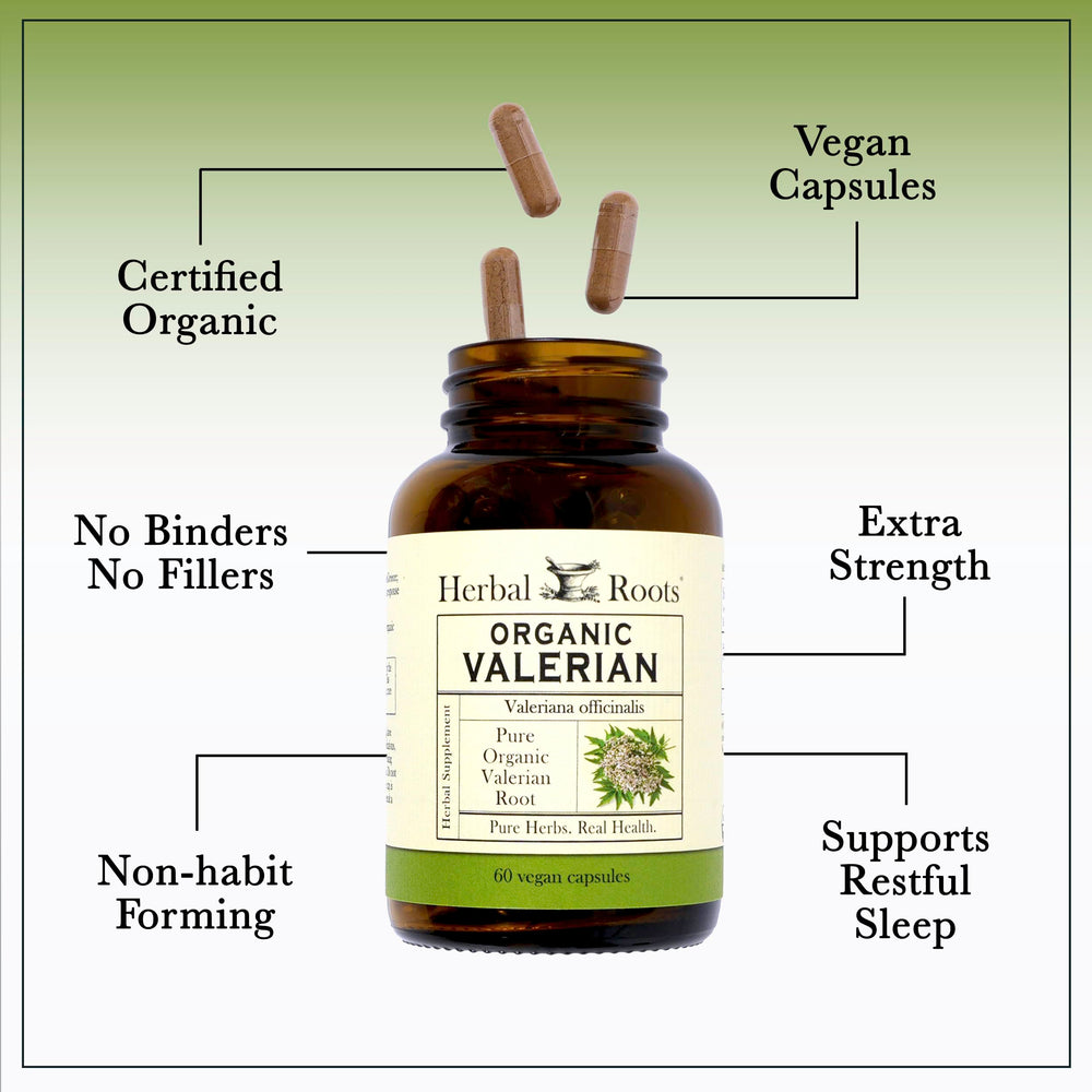 Herbal Roots non-GMO valerian capsules package signals plant-based sleep support.