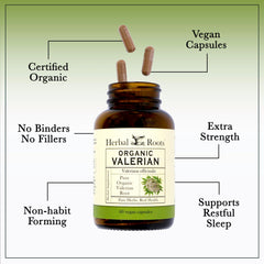 Herbal Roots non-GMO valerian capsules package signals plant-based sleep support.