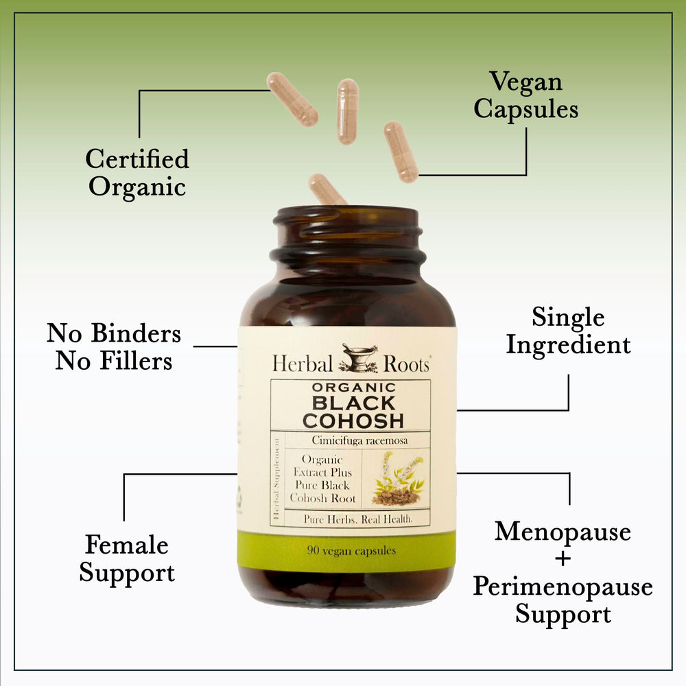 Herbal Roots Organic certification seal signals quality and organic sourcing.