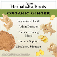 Organic ginger root pack from Herbal Roots emphasizing USDA Organic quality.