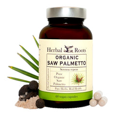 Herbal Roots Saw Palmetto capsules bottle front, organic vegan formula for daily use.