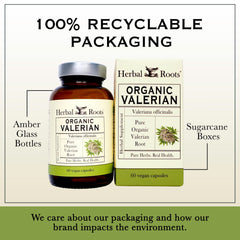 Herbal Roots valerian capsules label emphasizes organic origin and quality manufacturing.