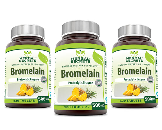 Herbal Secrets Bromelain 500 mg bottle shows gluten-free and non-GMO formula.