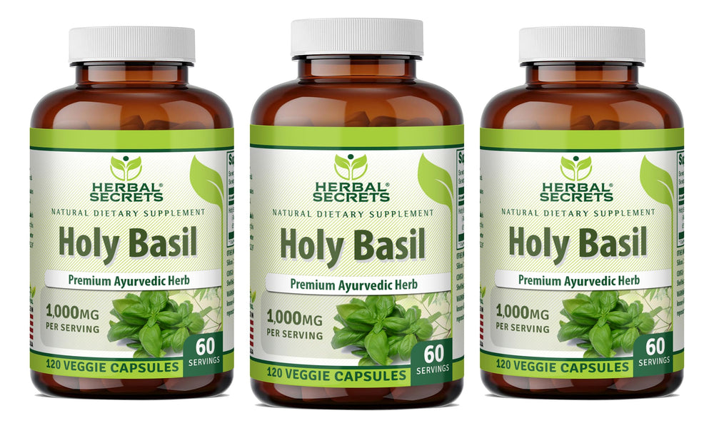 Herbal Secrets Holy Basil 1000mg bottle front view for daily wellness support