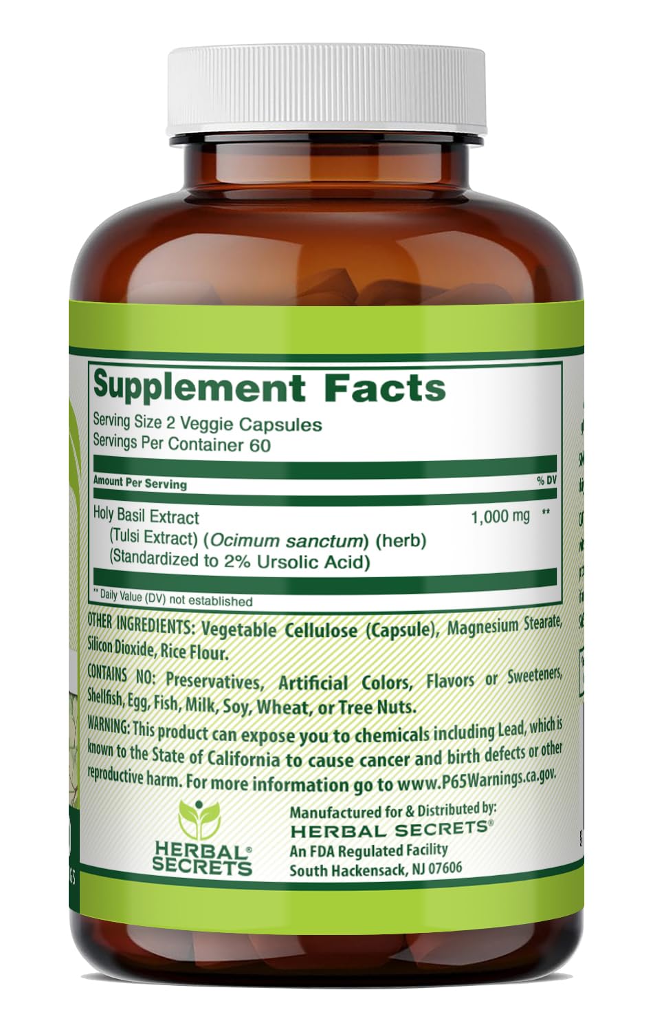Herbal Secrets Holy Basil 1000mg capsules close-up highlighting veggie capsules