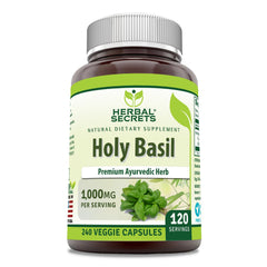 Herbal Secrets Holy Basil bottle showing 1000 mg per serving for daily use.
