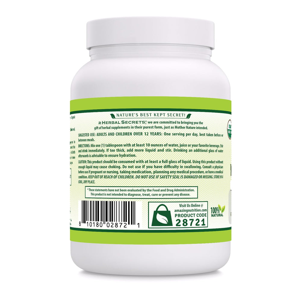 Herbal Secrets psyllium husk powder packaging label highlights gluten-free and non-GMO quality