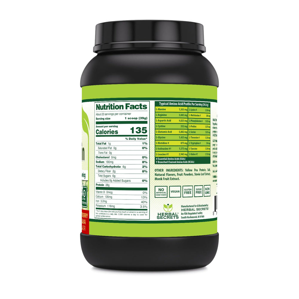 Herbal Secrets Vegan Protein scoop demonstrates 23 servings per bottle for convenient daily use.
