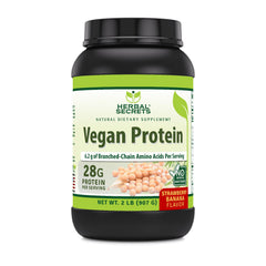 Herbal Secrets Vegan Protein strawberry banana bottle showcases 28g protein per serving.