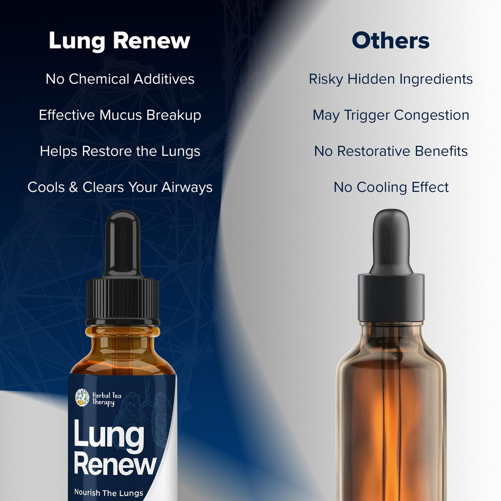 Herbal Tea Therapy Lung Renew packaging showing GMO-free and USA-made claims.