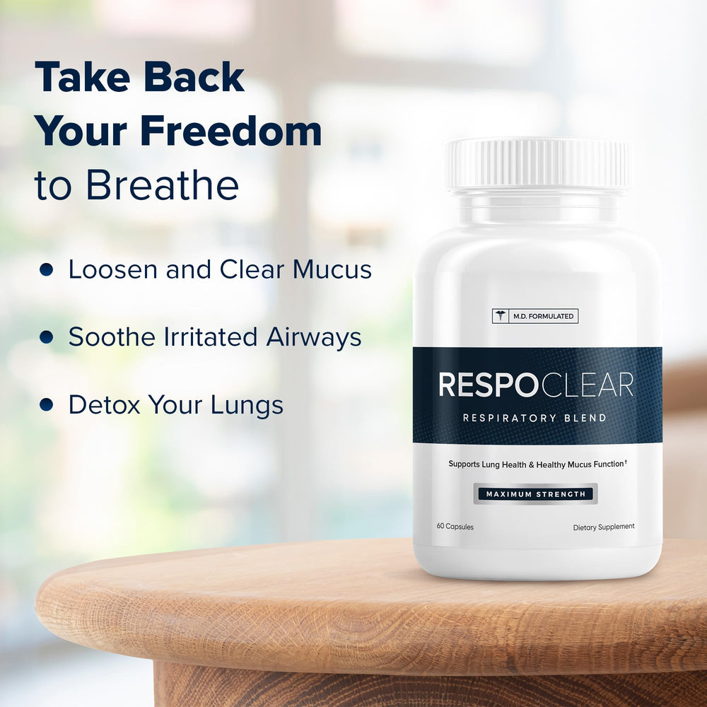 RespoClear bottle label highlights GMO-free and USA-made quality for mindful lung health.