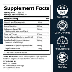 SinoClear ingredients panel highlighting NAC, Andrographis, thyme leaf for lung health.