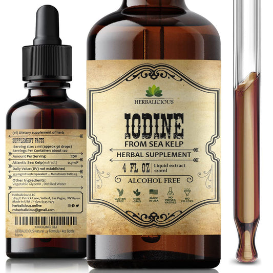 HERBALICIOUS iodine drops bottle close-up for easy daily use and energy support.