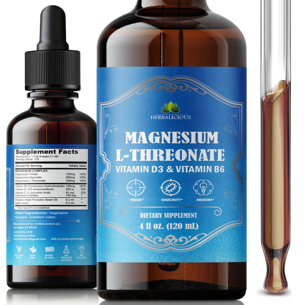 HERBALICIOUS Magnesium Complex Liquid bottle supports energy and relaxation.