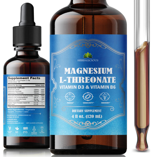 HERBALICIOUS Magnesium Complex Liquid bottle supports energy and relaxation.