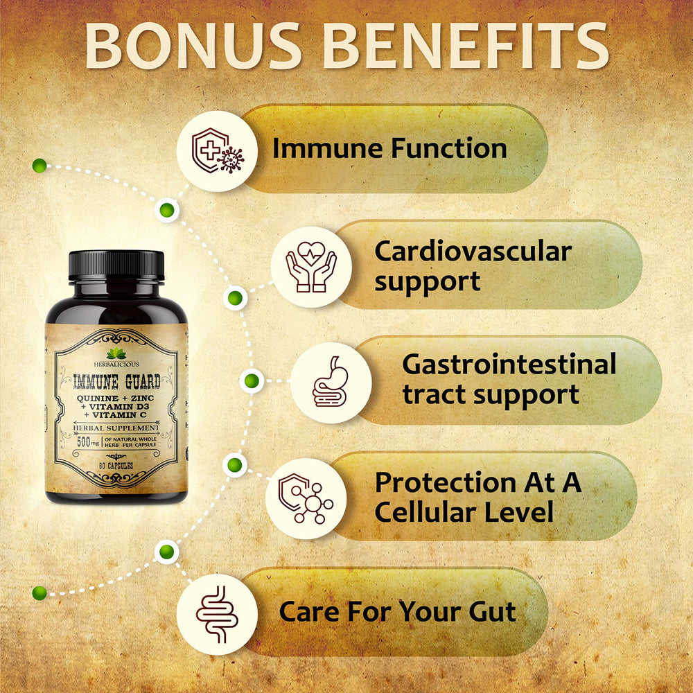 Herbalicious ingredients visual highlights quinine bark with vitamins.