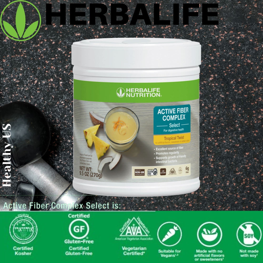 Herbalife Active Fiber Complex Tropical Twist packaging front highlighting gluten-free option.