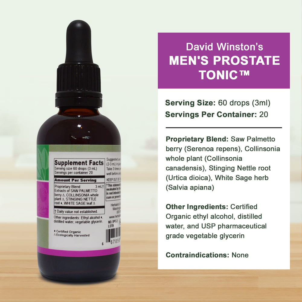 David Winston's Men's Prostate Tonic label closeup shows organic and kosher sourcing.