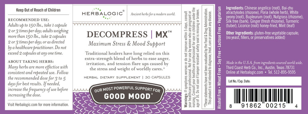 Herbalogic Decompress MX capsules closeup for daily stress relief.