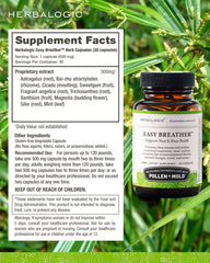 Herbalogic Easy Breather capsule image emphasizes mint and astragalus for breathing support.