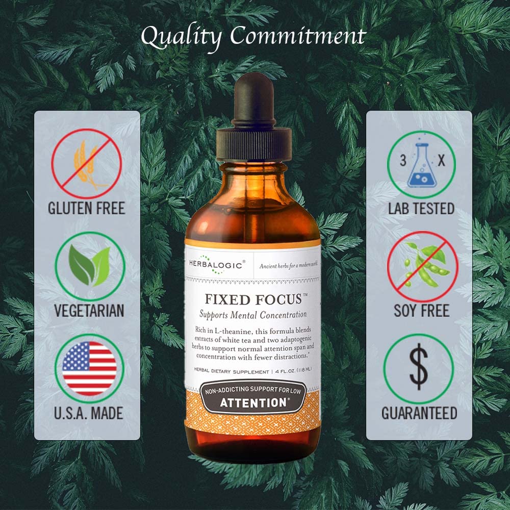 Herbalogic Fixed Focus dropper closeup shows natural ingredients and alertness support.