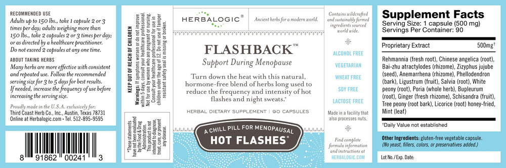 Herbalogic Flashback bottle-label close-up showing 16-herb blend and Dong Quai.