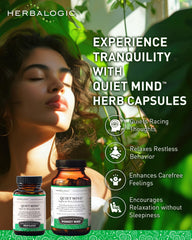 Close-up of Herbalogic Quiet Mind capsules showing the herbal blend for balance.