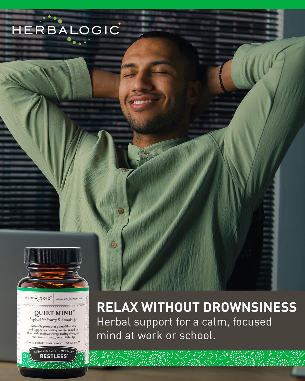 A user takes Herbalogic Quiet Mind capsules at their desk for calm focus.