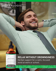 Herbalogic Quiet Mind drops label close-up shows gluten-free, artificial-free formulation.