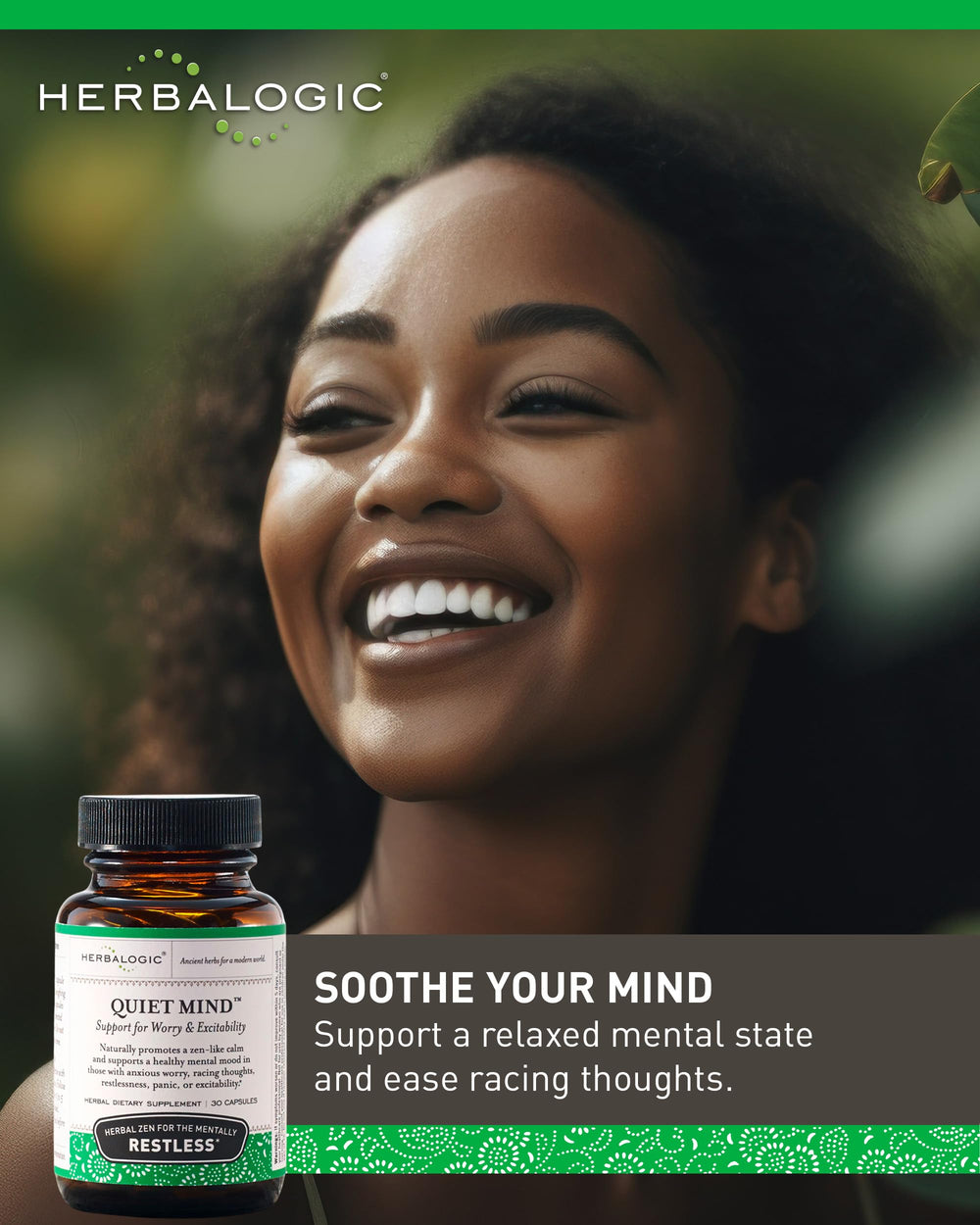Label close-up highlighting Herbalogic Quiet Mind and GUI Pi Tang formula.