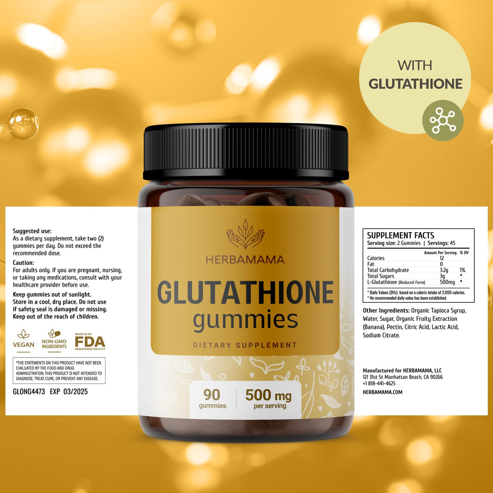 HERBAMAMA 90-count bottle of reduced glutathione gummies for convenient use.