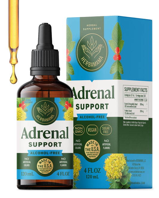 HERBAMAMA Adrenal Support Drops bottle highlighting vegan formula for daily use