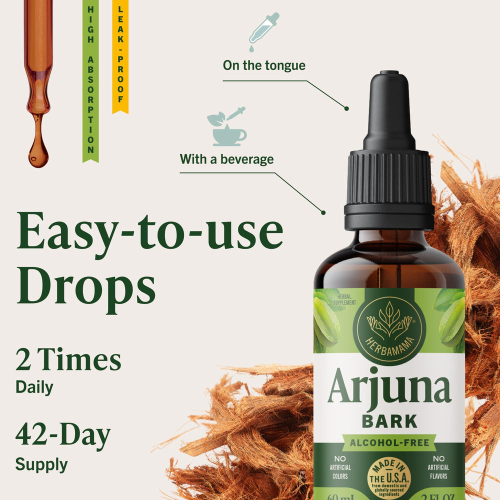 HERBAMAMA Arjuna liquid in amber glass bottle preserves quality.
