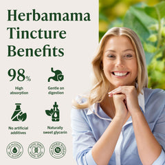 HERBAMAMA Ashwagandha Drops ingredients highlight a simple three-ingredient formula.