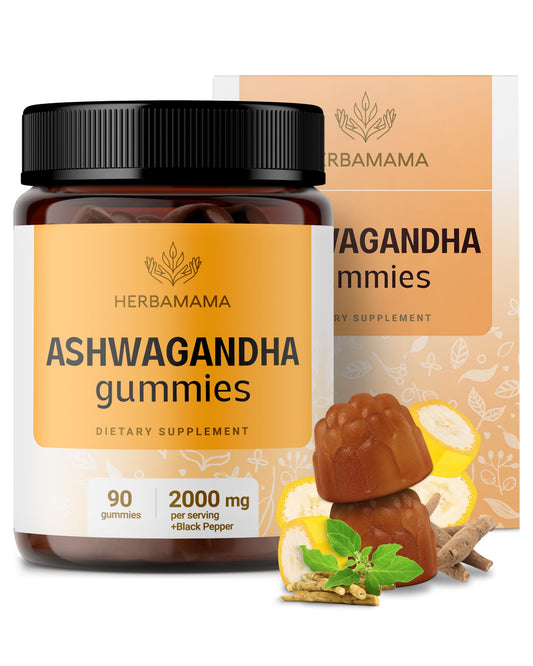HERBAMAMA Ashwagandha Gummies jar-front with banana flavor and calm mood support.