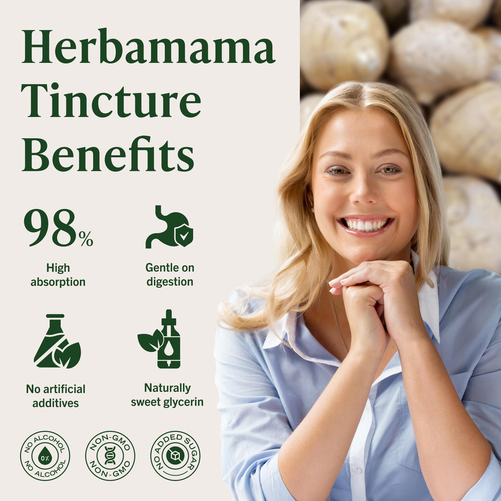 Herbamama Ashwagandha Maca Drops amber bottle emphasizes clean formula.