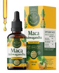 Herbamama Ashwagandha Maca Drops bottle label shows vegan, non-GMO calm-support formula.