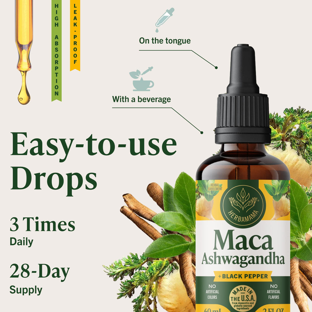 Label highlights maca, ashwagandha, and black pepper extract.