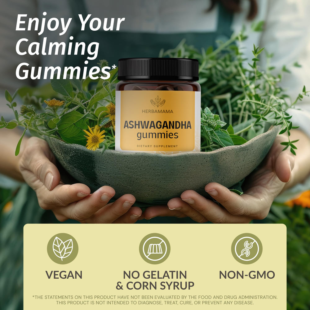 HERBAMAMA Ashwagandha Gummies soft chew close-up emphasizing vegan, non-GMO formula.