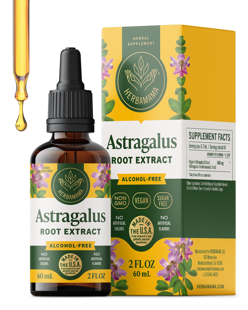 HERBAMAMA Astragalus Drops bottle shown for daily vegan immune support.