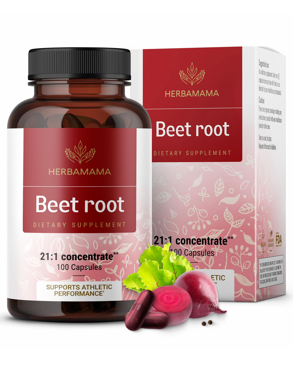 HERBAMAMA Beet Root Extract bottle showing 1300 mg per serving for daily energy support.