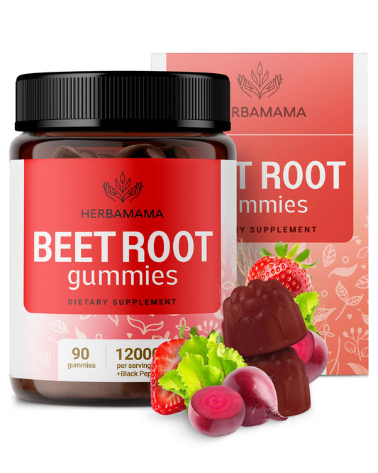 HERBAMAMA Beet Root Gummies bottle shows vegan strawberry chews for daily support