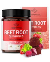 HERBAMAMA Beet Root Gummies bottle shows vegan strawberry chews for daily support
