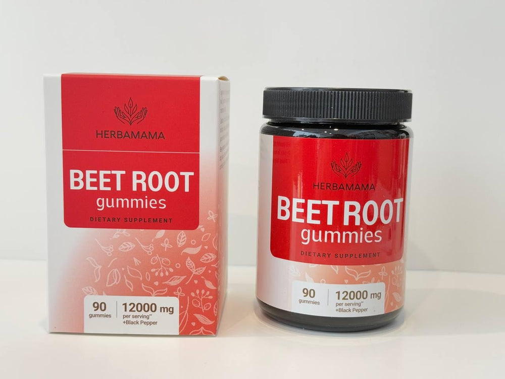 Close-up of HERBAMAMA Beet Root Gummies texture, a soft pectin chew
