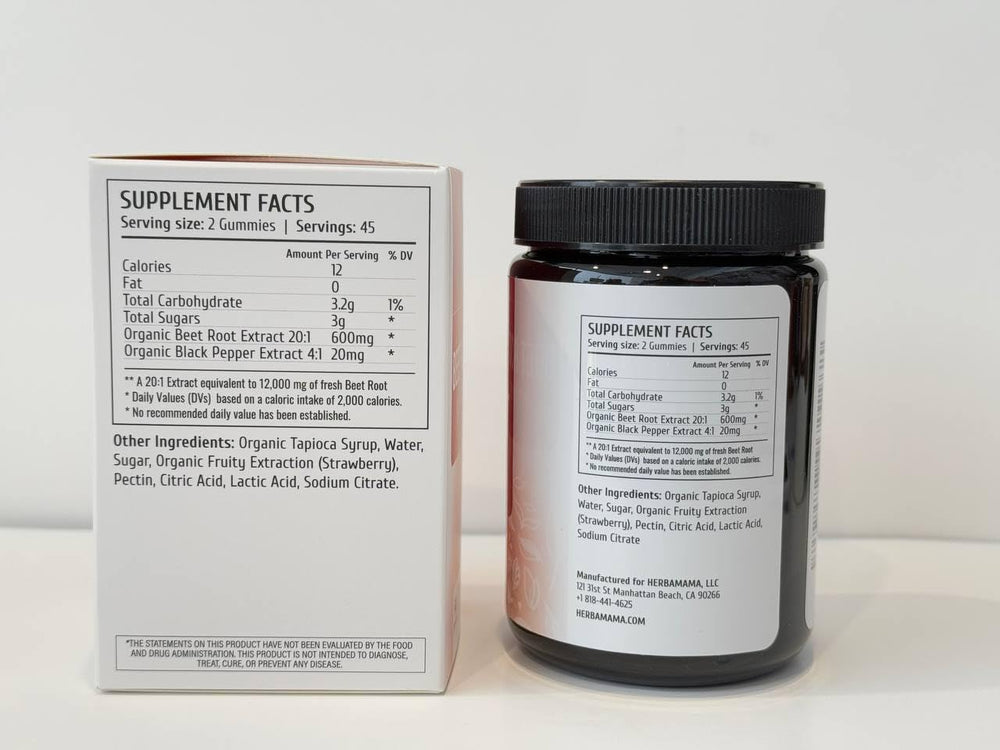 HERBAMAMA Beet Root Gummies vegan and non-GMO labeling on packaging