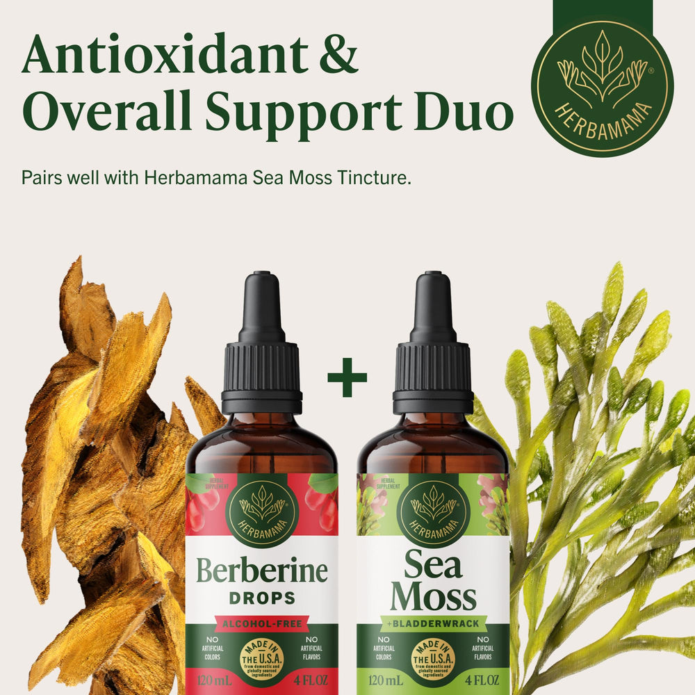 Herbamama Berberine liquid drops no-alcohol-sugar-free formula supports clean vegan routines.