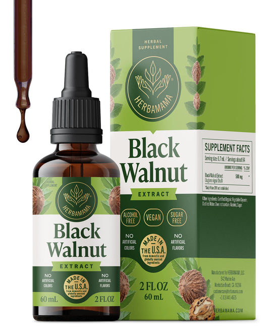 HERBAMAMA Black Walnut Tincture bottle shows vegan, alcohol-free digestive support.