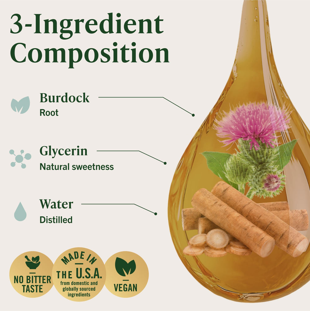 HERBAMAMA Burdock ingredients label shows Arctium lappa, glycerin, and water.