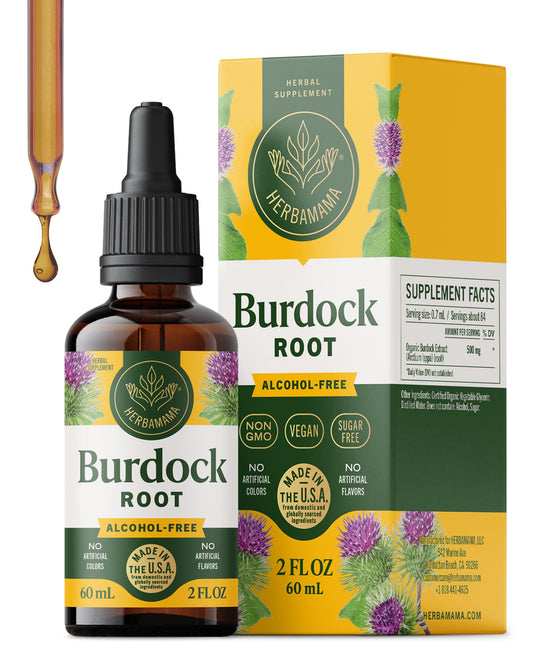 HERBAMAMA Burdock Root Tincture bottle on a clean countertop promoting daily wellness.